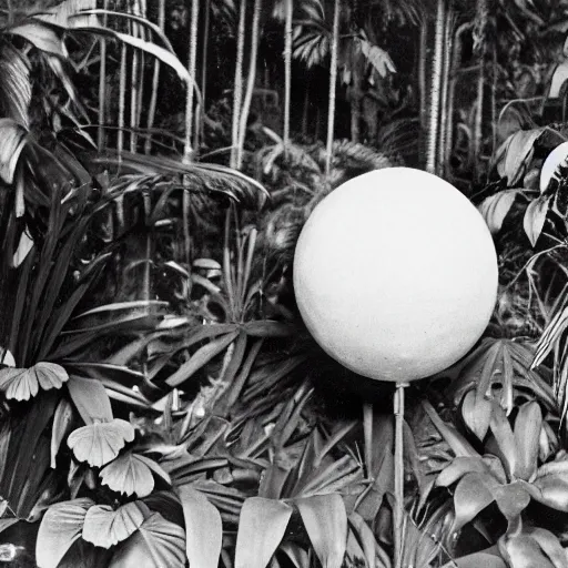 Image similar to a rizom lost film footage of a ( ( ( ( ( ( ( ( sphere ) ) ) ) ) ) ) ) in the middle of the tropical jungle / tropicalism / tropicalism / tropicalism / film still / cinematic / enhanced / 1 9 2 0 s / black and white / grain