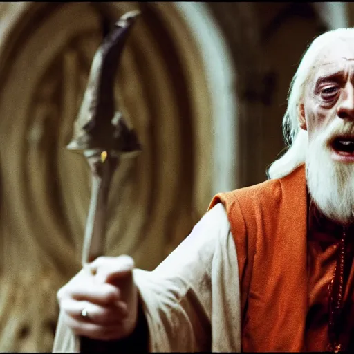 Image similar to jimmy saville as saruman in lord of the rings, movie still, cinematic lighting, dramatic, octane render, long lens, shallow depth of field, bokeh, anamorphic lens flare, 8 k, hyper detailed, 3 5 mm film grain