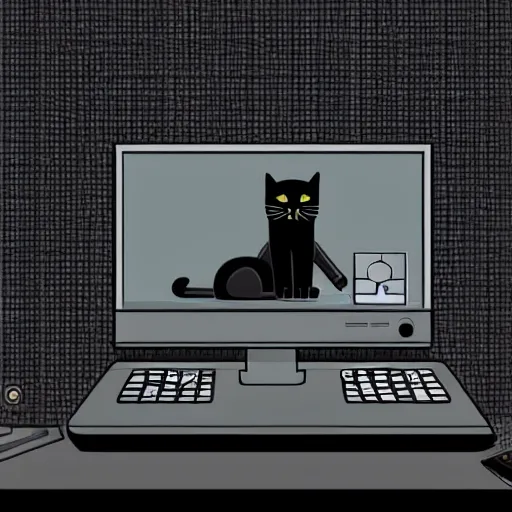 Prompt: a black cat programming in a computer. cartoon. high quality. high fidelity. unsplash. devianart.