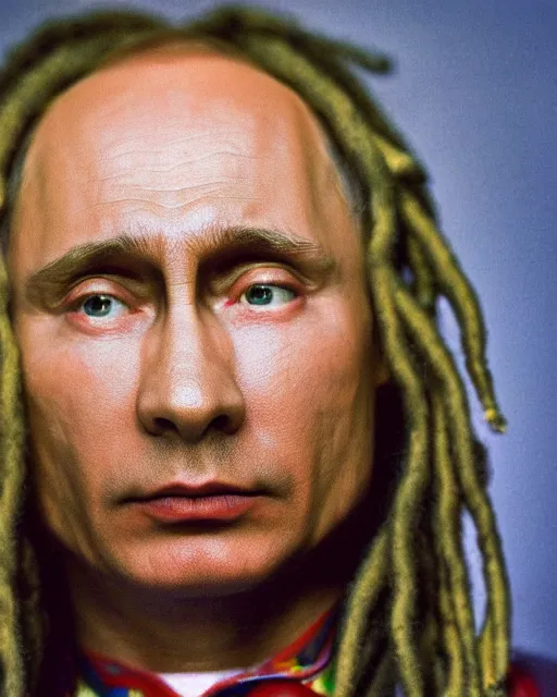 Prompt: a picture of vladimir putin with dreadlocks, portrait, close up, colorful, ektachrome, f / 2 2