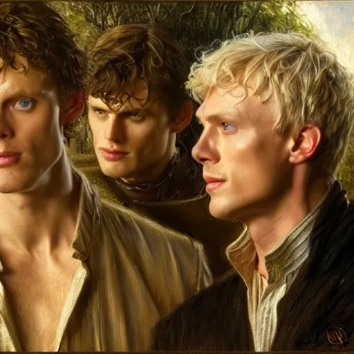 Prompt: arthur pendragon and merlin. focus on their faces. natural lighting. highly detailed painting by by gaston bussiere, donato giancola, j. c. leyendecker 8 k