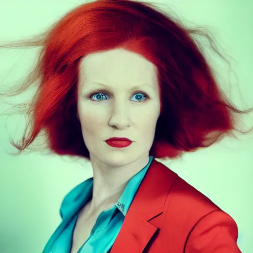 Prompt: a portrait of a beautiful red - haired woman in a turquoise three piece suit. hair light, backlit. medium format photography by annie liebowitz