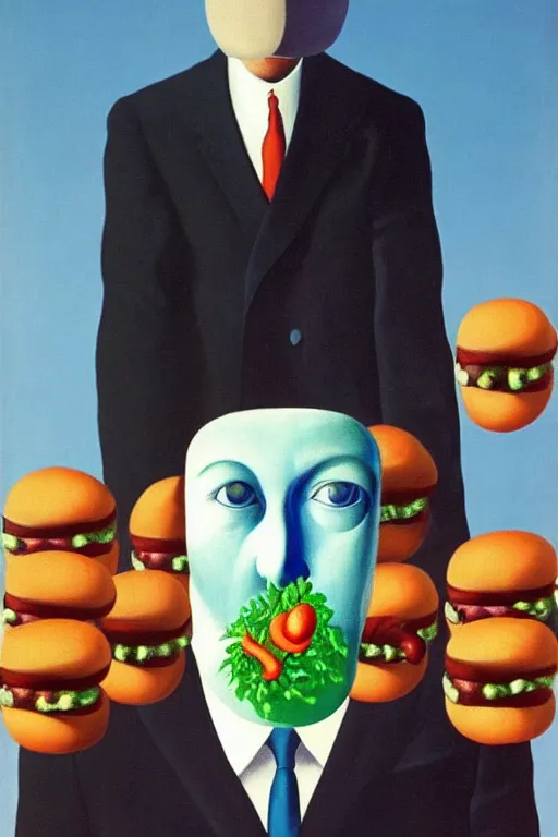 Image similar to Rene Magritte's Son Of Man painting with a floating hotdog blocking the face, the hotdog has a stem and leaves