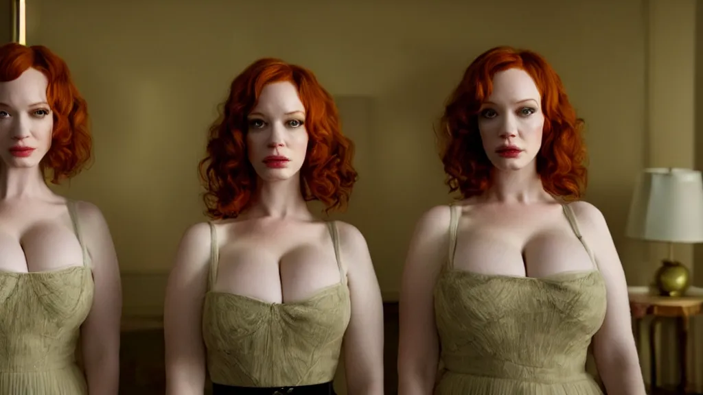 Image similar to a very surprised beautiful Christina Hendricks and her twin sister in the living room, film still from the movie directed by Denis Villeneuve with art direction by Salvador Dalí, wide lens