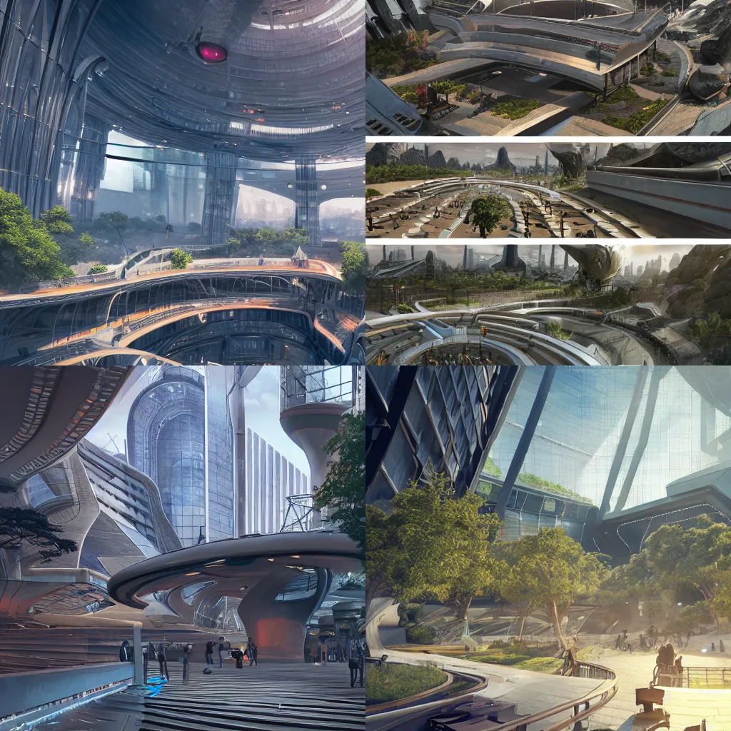 Prompt: environment concept art location of a giant outdoor amphitheater in a sci-fi eco-city, skybridges, turrets, busy, futuristic, unreal engine, detailed, octane render, 4k, photorealistic, cinematic lighting