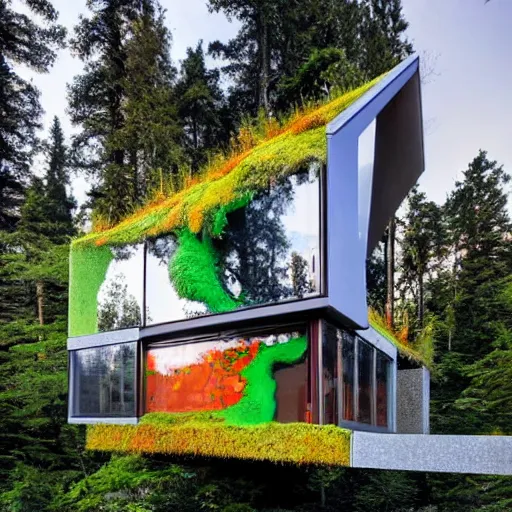 Prompt: extremely detailed non-Euclidean stunning sophisticated thin beautiful house of 6 cantilevered construction levels covered on the outside by multi-colored moss and lichen , stunning volumetric light, sunset, multi-colored concrete and glass and translucent material, stunning ski,covered in multi-colored by moss and lichen, drawing by Giacomo Burattini and Shania McDonagh and grok, 8k