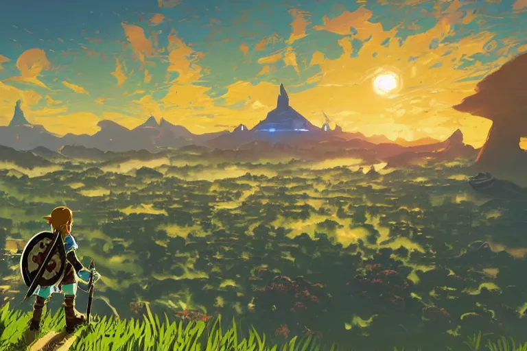 Prompt: detailed scenery from the legend of zelda breath of the wild, breath of the wild art style, 4 k.