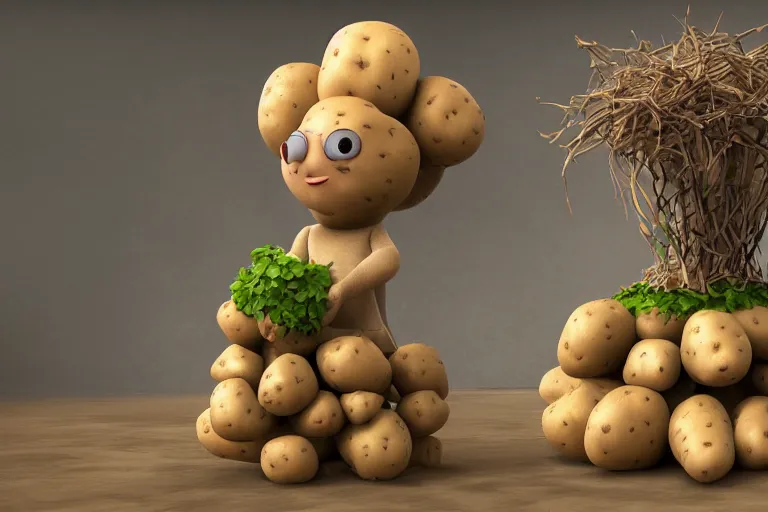 Image similar to the potato king which is a potato appears before the large crowd of his subjects in all his glory wearing his crown, concept art, blender, glossy googly eyes, realistic dirt, realistic potatoes.