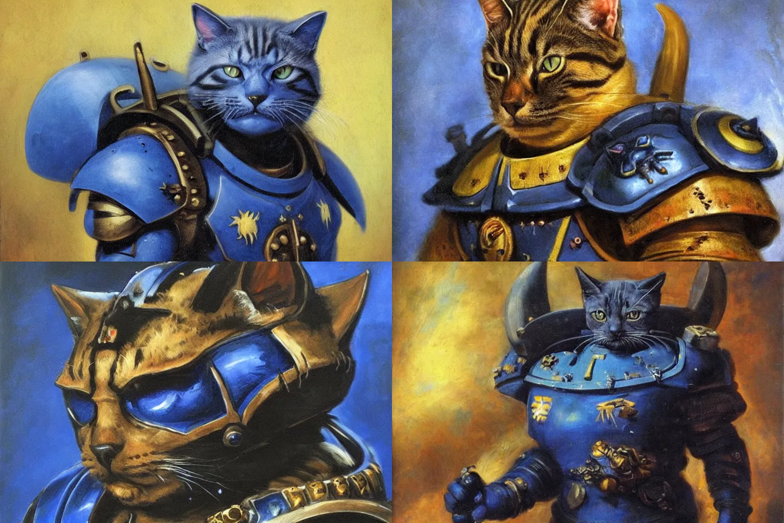 Prompt: a portrait of a cat as a Space Marine from the Warhammer 40k, ultramarine space marine cat, blue armor, glorious, masterpiece painting by Rembrandt, Warhammer 40,000 Space Cat Marine