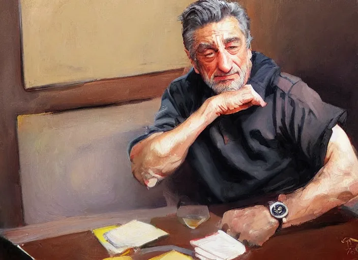 Prompt: a highly detailed beautiful portrait of robert deniro by gregory manchess, james gurney, james jean