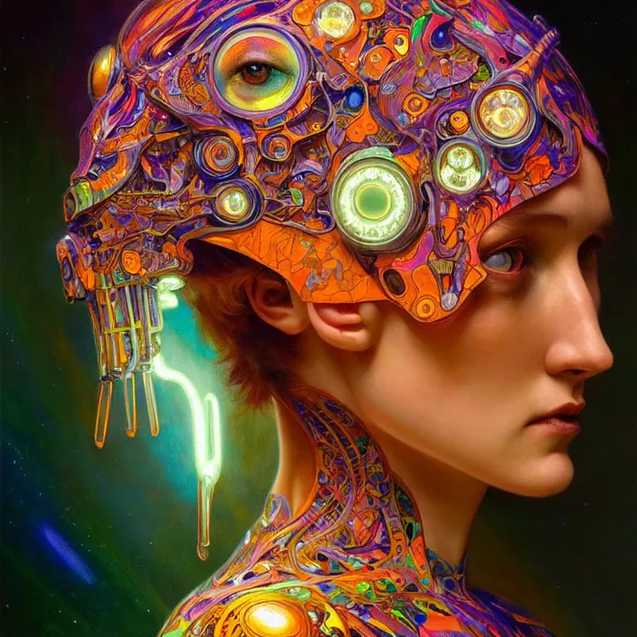 Image similar to bright psychedelic portrait of organic cyborg animal, diffuse lighting, fantasy, intricate, elegant, highly detailed, lifelike, photorealistic, digital painting, artstation, illustration, concept art, smooth, sharp focus, art by John Collier and Albert Aublet and Krenz Cushart and Artem Demura and Alphonse Mucha