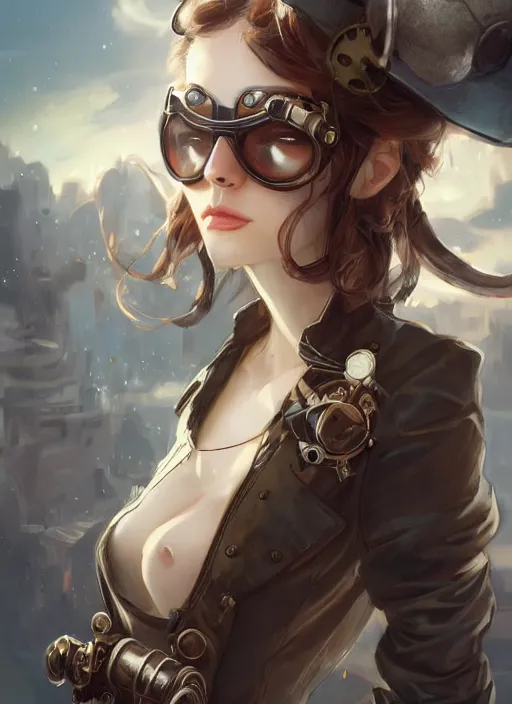 Image similar to girl, steampunk, goggles, pilot, portait, made by stanley artgerm lau, wlop, rossdraws, james jean, andrei riabovitchev, marc simonetti, yoshitaka amano, artstation