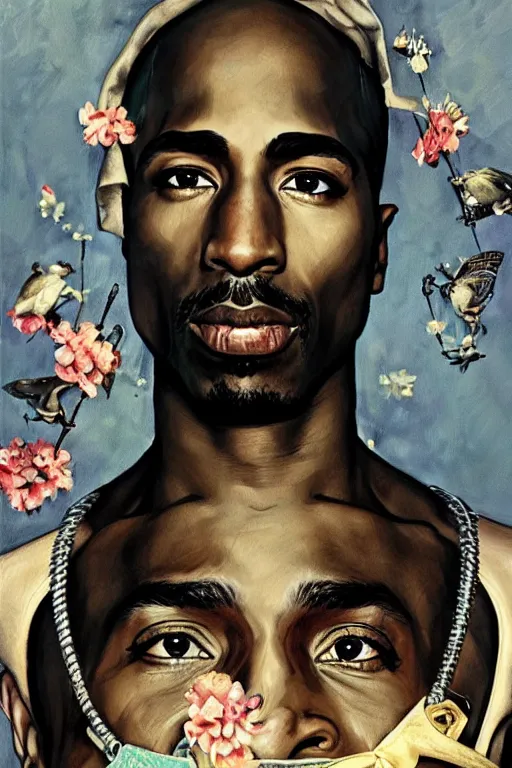 Prompt: Tupac, illustrated in whimsical style, Illustration by Norman Rockwell, artgerm, loish, oil painting,