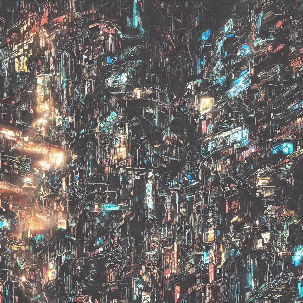 Image similar to a cave painting of a cyberpunk cave