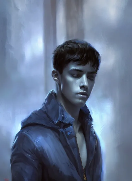 Image similar to handsome young man with short black hair, male, dressed in blue, looking down, half body shot, arms down, path traced, highly detailed, high quality, digital painting, bastien lecouffe - deharme