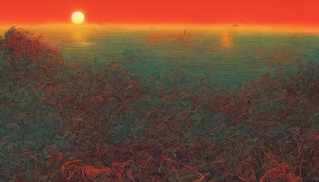 Prompt: sun setting over the horizon on a beach, chinese ink brush, yukio - e, kilian eng, victo ngai, josan gonzalez