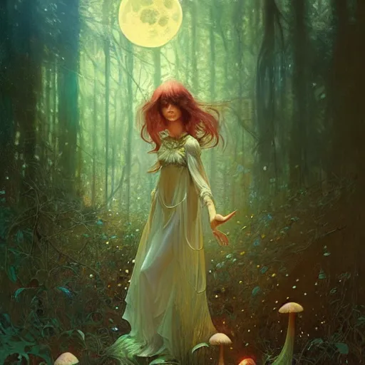 Prompt: A girl surrounded by magical mushrooms in an old forest setting with a full moon above her head, face, intricate, elegant, highly detailed, digital painting, artstation, concept art, smooth, sharp focus, illustration, art by Krenz Cushart and Artem Demura and alphonse mucha