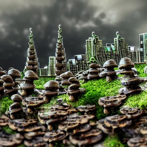 Image similar to city made out of mushroom housing, realistic, hdr, hdd, clear image,