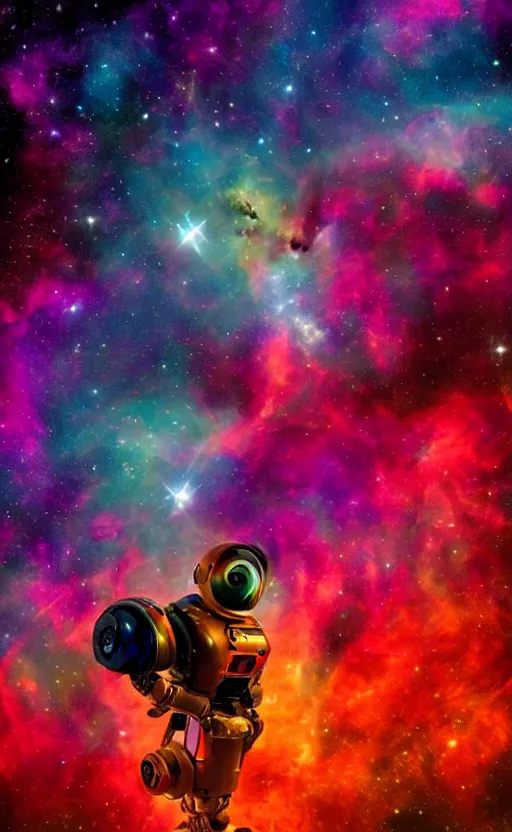 Prompt: a portrait of a hi-tech sci-fi robot with a lot of bright color diodes pretending to smoke weed in deep space in front of the Carina Nebula, photography, color, very detailed, realistic