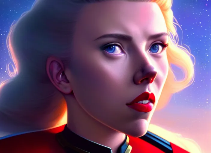 Image similar to a disney film still of scarlett johansson as a star trek officer, finely detailed features, closeup of the face, perfect art, dusk, blue hour, gapmoe yandere grimdark, trending on pixiv fanbox, painted by greg rutkowski, makoto shinkai, takashi takeuchi, alphonse mucha, akihiko yoshida