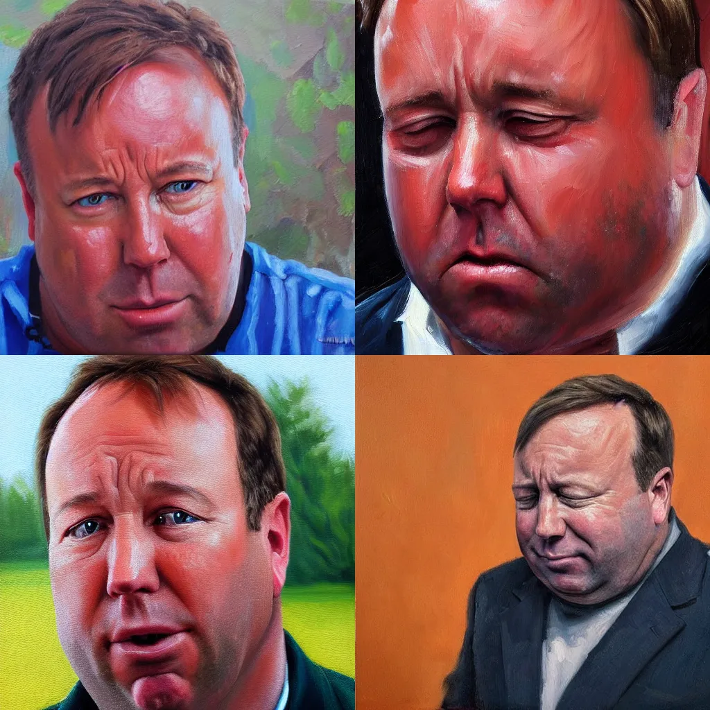 Prompt: an oil painting of Alex Jones crying, highly detailed