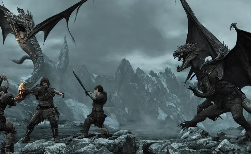 Image similar to joe biden fighting a dragon in skyrim, a photorealistic painting by gregory crewdson, cgsociety, playstation 5 screenshot, matte painting, cryengine