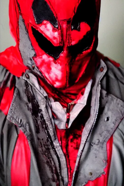 Prompt: red hood cosplay, creepy, disturbing, bloody, darkness, grainy