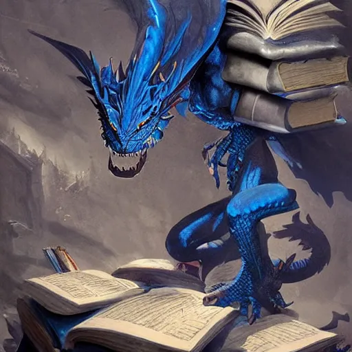 Image similar to blue dragon sitting on a hoard of books, fantasy, dnd, art by greg rutkowski