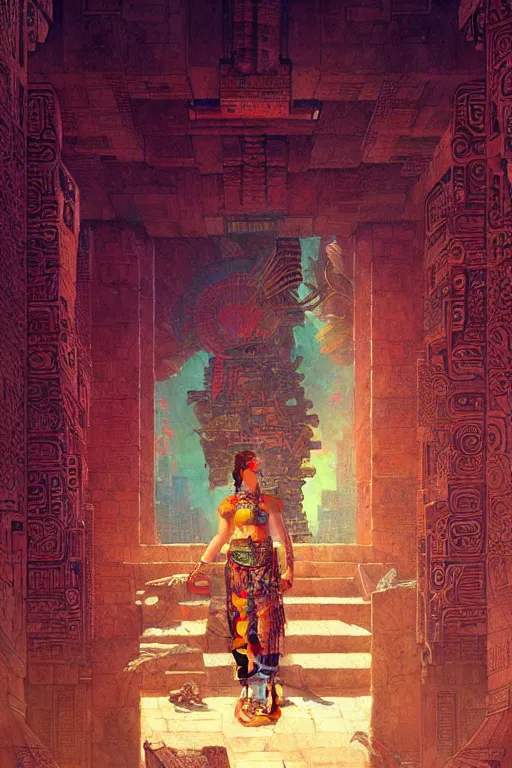 Image similar to cyberpunk mayan ancient chicheni tza , fantasy, painting by greg rutkowski and alphonse mucha