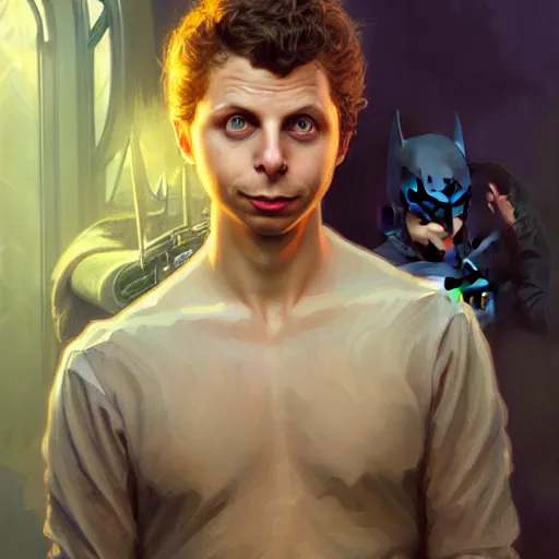 Prompt: handsome Michael Cera as Batman, western, D&D, fantasy, intricate, elegant, highly detailed, digital painting, artstation, concept art, matte, sharp focus, illustration, art by Artgerm and Greg Rutkowski and Alphonse Mucha