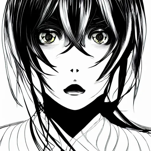 Image similar to vector illustration ink drawing of an anime manga gothic girl portrait with an intricate futuristic urban inspired helmet, hyperrealistic oil painting, by makoto shinkai and ilya kuvshinov and lois van baarle and rossdraws and basquiat, trending on artstation, black and white, chromatic aberration, monochrome color palette, halftone shaded background