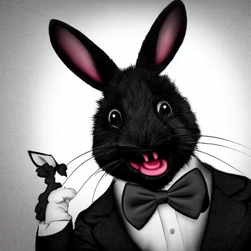 Image similar to A extremely highly detailed majestic hi-res beautiful, highly detailed head and shoulders portrait of a scary terrifying, horrifying, creepy black cartoon rabbit with a bowtie and scary big eyes, earing a shirt laughing, hey buddy, let's be friends, in the style of Walt Disney