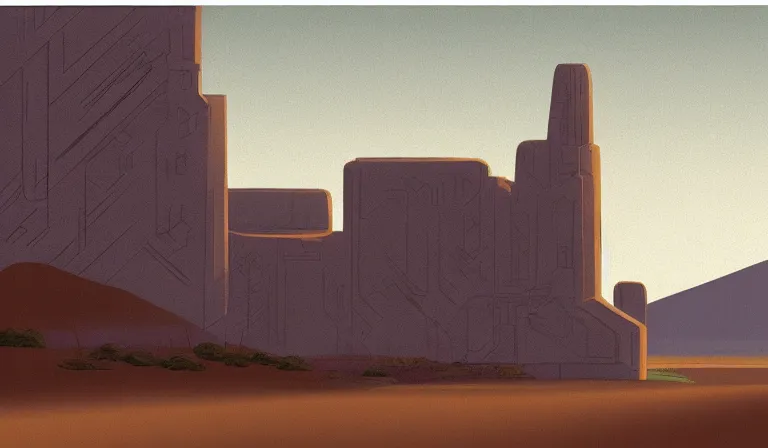 Image similar to A serene landscape with a singular building in the style of Ralph McQuarrie.