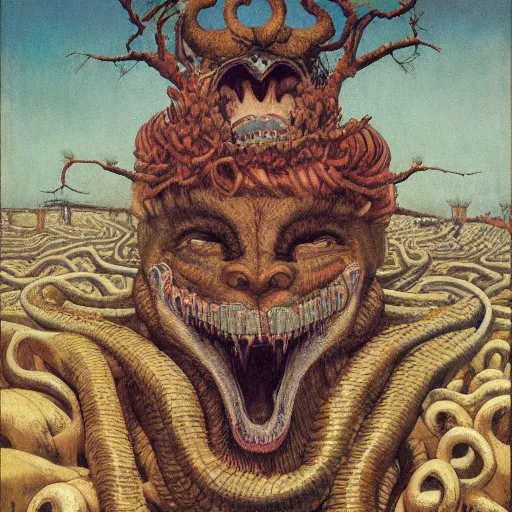 Image similar to demiurge head face eyes fangs serpent serpent python wearing a lion costume furry ears neck neck tall long viper tombow peter doig greg rutkowski giorgio de chirico arsen savadov dan witz vik muniz