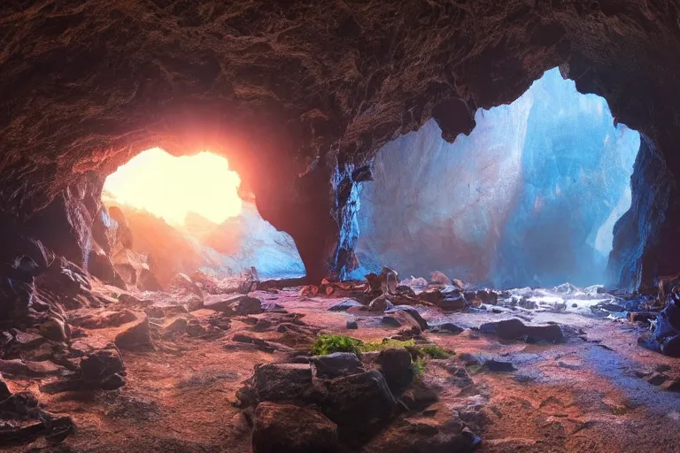 Image similar to a beautiful cave, cinematic