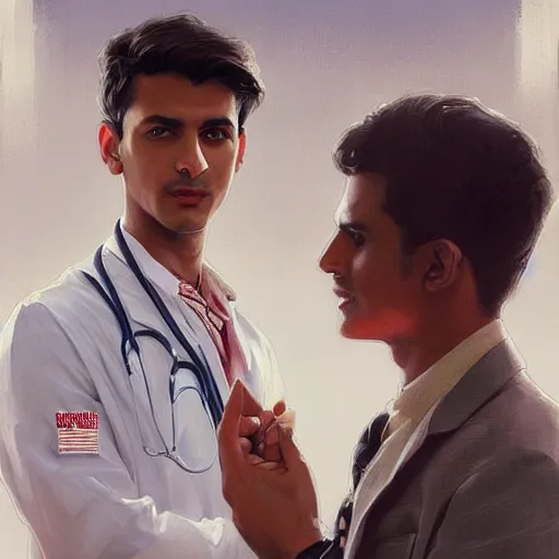 Image similar to Anxious good looking pale young Indian doctors wearing American clothes at the airport, portrait, elegant, intricate, digital painting, artstation, concept art, smooth, sharp focus, illustration, art by artgerm and greg rutkowski and alphonse mucha