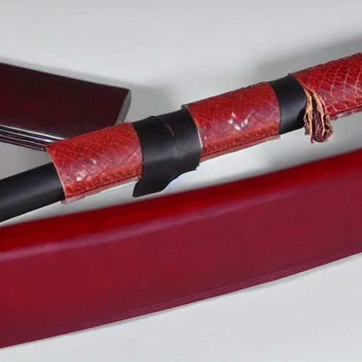 Image similar to a katana with a square tsuba sheathed inside a crimson colored scabbard