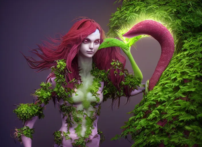 Image similar to Fantasy Alrune androgynous plant humanoid with flowers in hair plant body pitcher plant by Larry Elmore and Ilya Kushvikov, symmetrical face concept art, octane render unreal engine meta humans, artstation