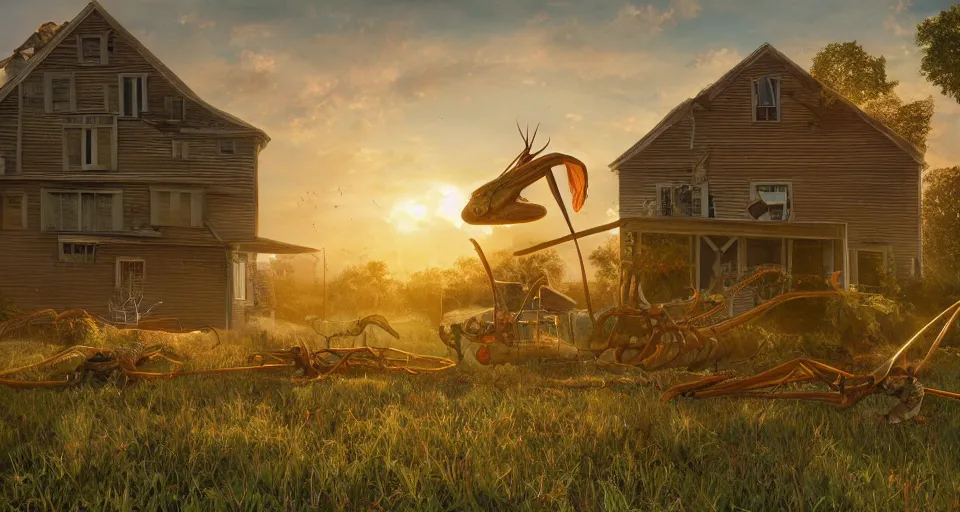 Prompt: giant praying mantis crushes a farm house, hyperdetailed, artstation, cgsociety, golden hour 8k