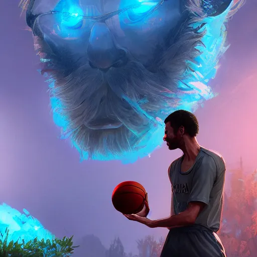 Image similar to highly detailed basketball player, in gta v, stephen bliss, unreal engine, fantasy art by greg rutkowski, loish, rhads, ferdinand knab, makoto shinkai and lois van baarle, ilya kuvshinov, rossdraws, tom bagshaw, global illumination, radiant light, detailed and intricate environment