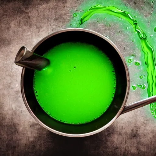 Image similar to brewing violent bubbling green fluid universe soup, green steam rising from soup