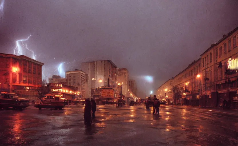 Prompt: 40s movie still of a sovietic street with a big statue of Lenine , Cinestill 800t 18mm, heavy grainy picture, very detailed, high quality, 4k panoramic, HD criterion, dramatic lightning, rain, mud, foggy