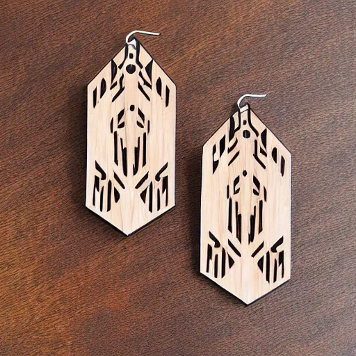 Prompt: lasercut segmented 2d wood earrings, graphic designs from the English Beat