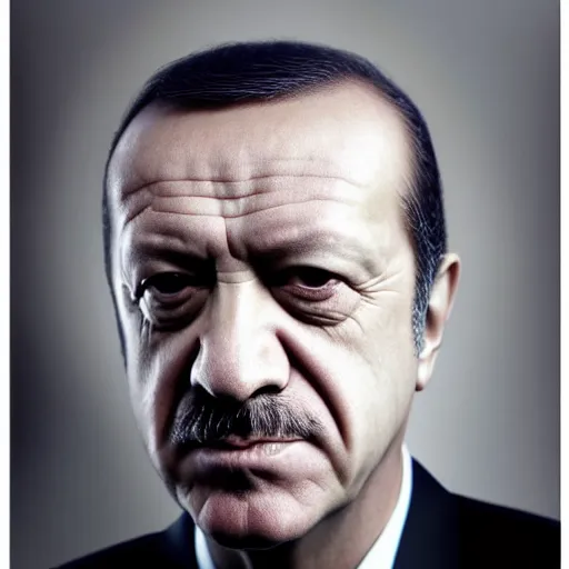 Image similar to Portrait of Recep Tayyib Erdoğan, close-up, very detailed facial features, by Martin Schoeller