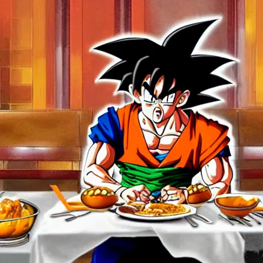 Image similar to goku sitting at a table at olive garden while he eats a plate of spaghetti and meatballs