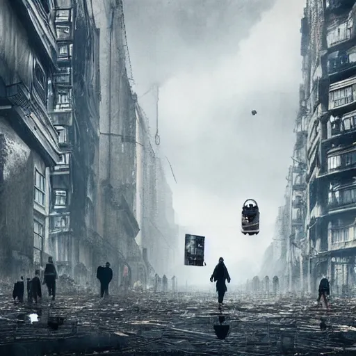 Image similar to hordes of drone-like people aimlessly walking around a depressing dystopian cityscape , trending on artststion, hyper realistic, surreal, melancholic, 8k, upscaled