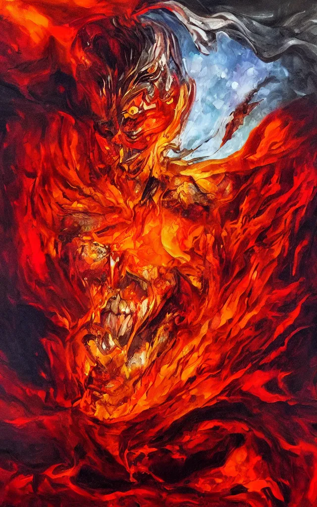 Image similar to red king of the amber mythos fallen celestial spirit, award winning oil painting, sharp color palette