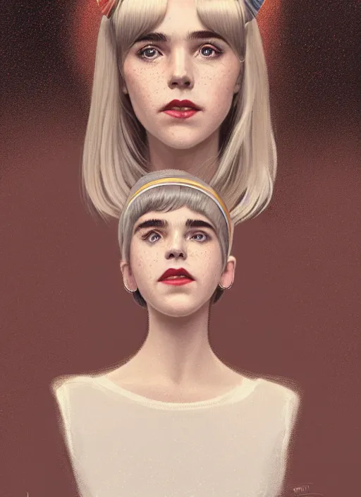 Image similar to portrait of kiernan shipka with freckles, white hair, 1 9 6 0 s bob hairstyle, hairstyle with bangs, 1 9 6 0 s bob hair with bangs and hairband, intricate, elegant, glowing lights, highly detailed, digital painting, artstation, concept art, smooth, sharp focus, illustration, art by wlop, mars ravelo and greg rutkowski