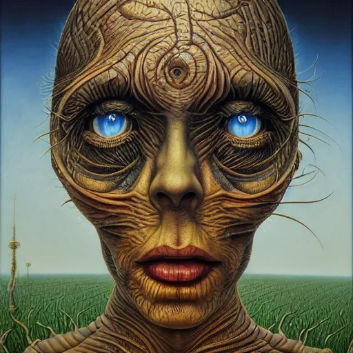 Image similar to her eyes wide by jacek yerka, alex gray, zdzisław beksiński, dariusz zawadzki, jeffrey smith and h.r. giger, oil on canvas, 8k highly professionally detailed, trending on artstation