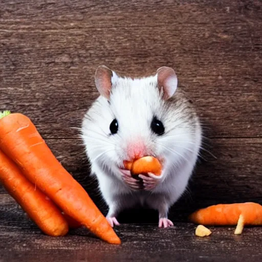 Prompt: a hamster with a horse head eating a carrot